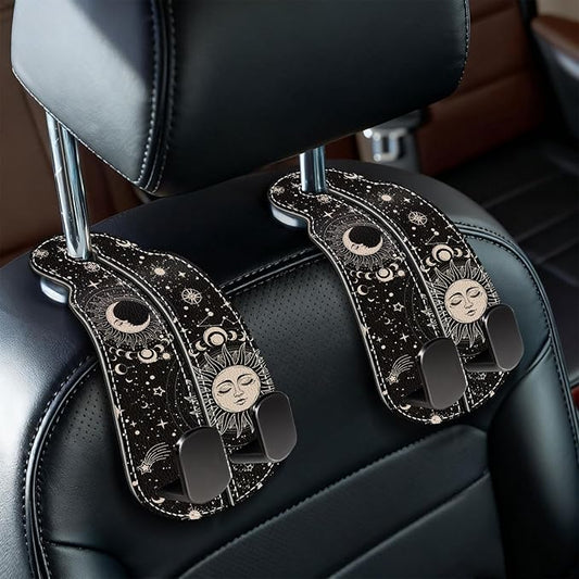 Blusabaca 2PCS Car Seat Back Storage Headrest Hooks, Sun and Moon Purse Holder Bags Hanger, PU Leather Double Metal Hook for Backseat Organizer, Women Car Accessories Organization