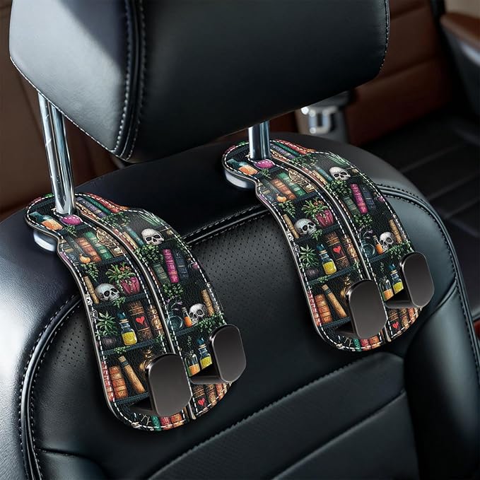 Blusabaca 2PCS Car Hooks Purses and Bags, Goth Gothic Bookshelf Skull Skeleton Seat Back Storage Headrest Holder Hanger PU Leather Double Metal Backseat Organizer, Women Car Accessories Organization