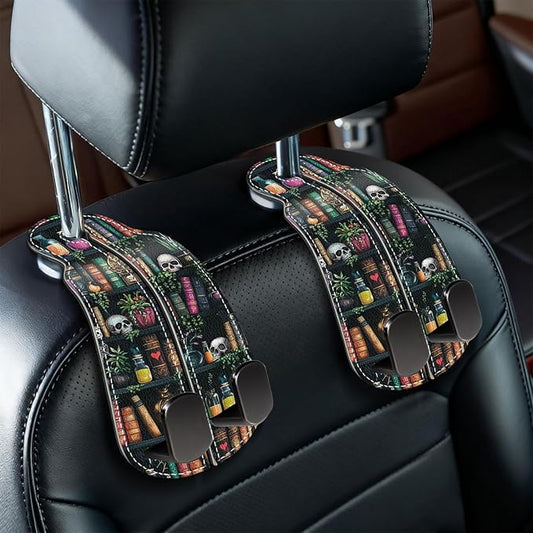 Blusabaca 2PCS Car Hooks Purses and Bags, Goth Gothic Bookshelf Skull Skeleton Seat Back Storage Headrest Holder Hanger PU Leather Double Metal Backseat Organizer, Women Car Accessories Organization