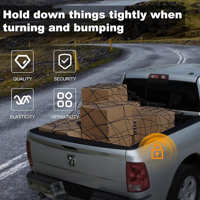 Seven Sparta 4' x 6' Large Cargo Net for Pickup Truck Bed Stretches to 8' x 12' for Truck Bed, Trailer, Trunk, SUV with 12 Bonus D Clip Carabiners Cargo Net for Large Loads (Black, 4'x6')