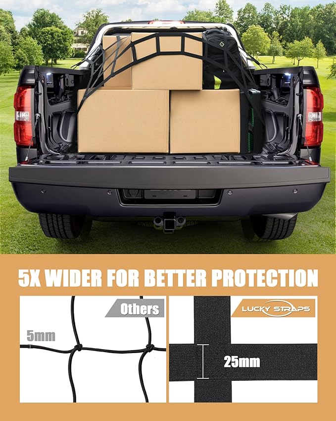 The First Flat Bungee Cargo Net for Pickup Truck Bed, 4' x 6' Stretches to 10' x 15', 25 MM Heavy Duty Cargo Net with 2 Using Modes, for Dodge RAM, Ford, Chevy, Toyota, etc