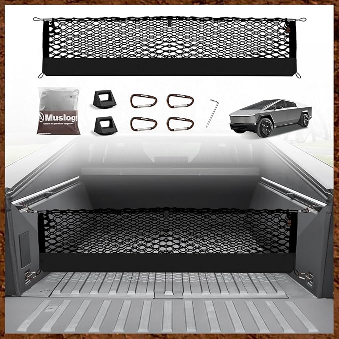 Muslogy Truck Bed Cargo Net Compatible with Tesla Cybertruck 2023 2024 2025 Accessories Storage Organizer Pickup Truck Bed Envelope Style Cargo Net with Heavy Duty Carabiners