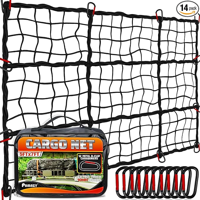 [Premium] 5'x7' Heavy Duty Cargo Net Stretches to 10' x 14', Extra Thick 10mm Cord Bungee Cargo Netting for Pickup Truck Bed, Roof Rack Net & 12 PCS Steel Carabiners