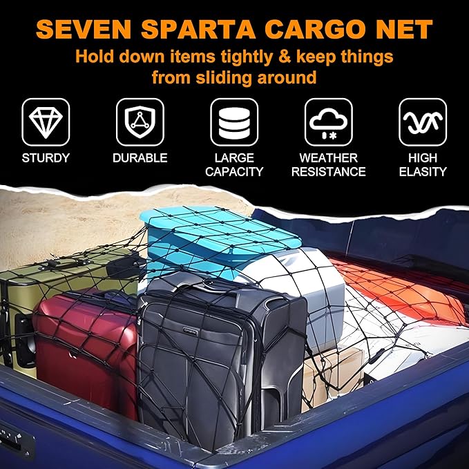 Seven Sparta 4' x 6' Large Cargo Net for Pickup Truck Bed Stretches to 8' x 12' for Truck Bed, Trailer, Trunk, SUV with 12 Bonus D Clip Carabiners Cargo Net for Large Loads (Black, 4'x6')