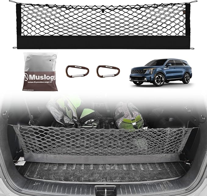 Muslogy Envelope Style Trunk Cargo Net Compatible with 2021-2024 2025 Kia Sorento Accessories Custom Fit Trunk Organizer Upgraded Mesh Storage Luggage Net with Metal Hooks