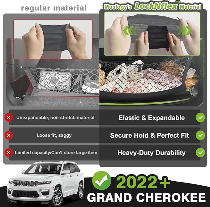 Muslogy Envelope Style Trunk Cargo Net Compatible with 2022-2024 2025 Jeep Grand Cherokee Accessories Custom Fit Trunk Organizer Upgraded Storage Luggage Net with Metal Hooks (2-Row Grand Cherokee)