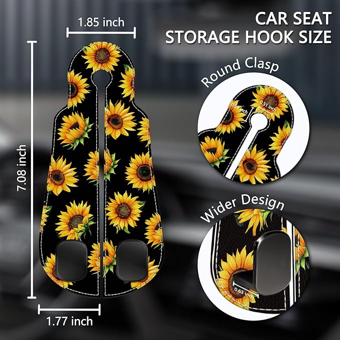 Blusabaca 2PCS Car Seat Back Storage Headrest Hooks, Sunflower Purse Holder Bags Hanger, PU Leather Double Metal Hook for Backseat Organizer, Women Car Accessories Organization