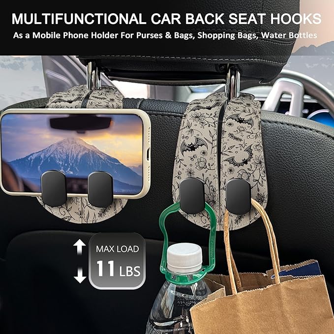 Blusabaca 2PCS Car Hooks for Purses and Bags, Goth Gothic Seat Back Storage Headrest Holder Hanger PU Leather Double Metal Hook for Backseat Organizer, Women Car Accessories Organization