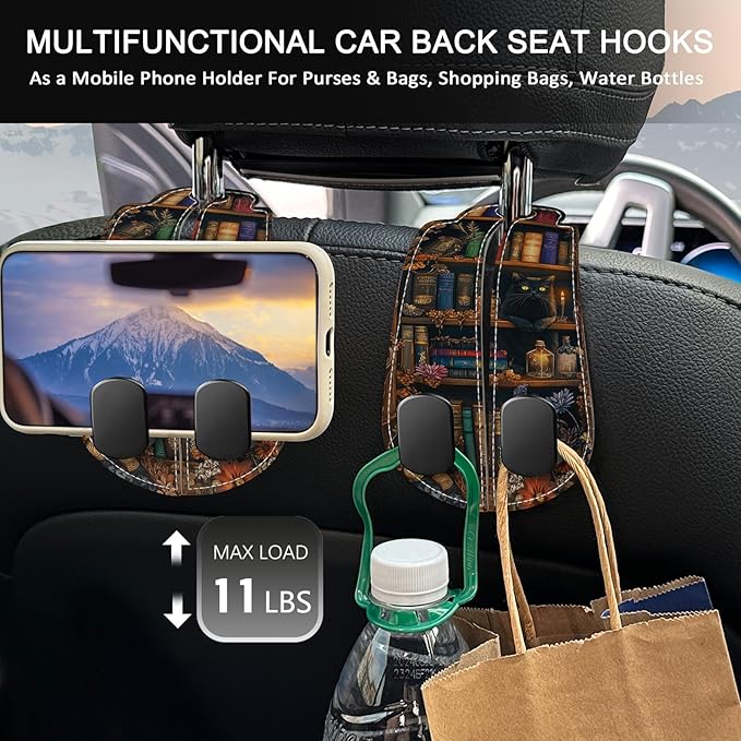 Blusabaca 2PCS Car Hooks for Purses and Bags, Goth Gothic Bookshelf Black Cat Seat Back Storage Headrest Holder Hanger PU Leather Double Metal Backseat Organizer, Women Car Accessories Organization