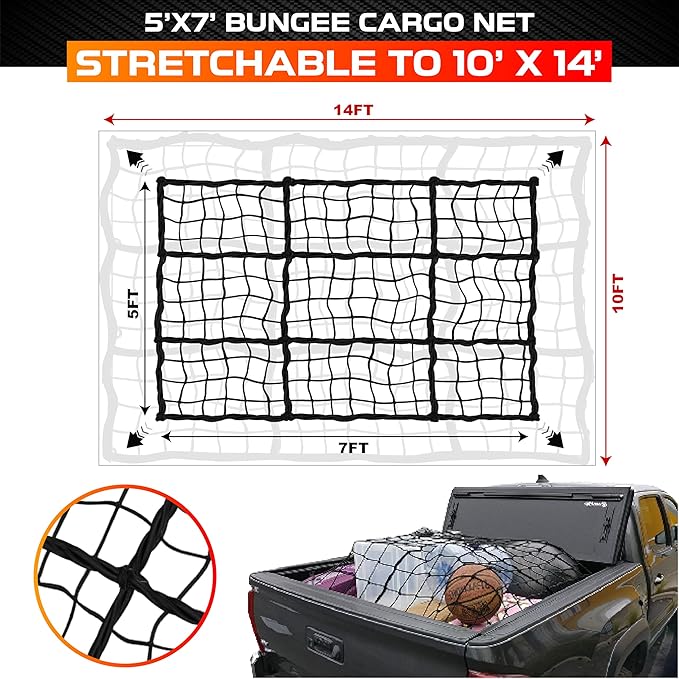 [Premium] 5'x7' Heavy Duty Cargo Net Stretches to 10' x 14', Extra Thick 10mm Cord Bungee Cargo Netting for Pickup Truck Bed, Roof Rack Net & 12 PCS Steel Carabiners
