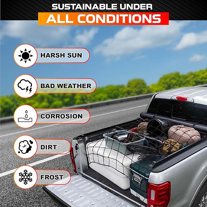 [Premium] 5'x7' Heavy Duty Cargo Net Stretches to 10' x 14', Extra Thick 10mm Cord Bungee Cargo Netting for Pickup Truck Bed, Roof Rack Net & 12 PCS Steel Carabiners