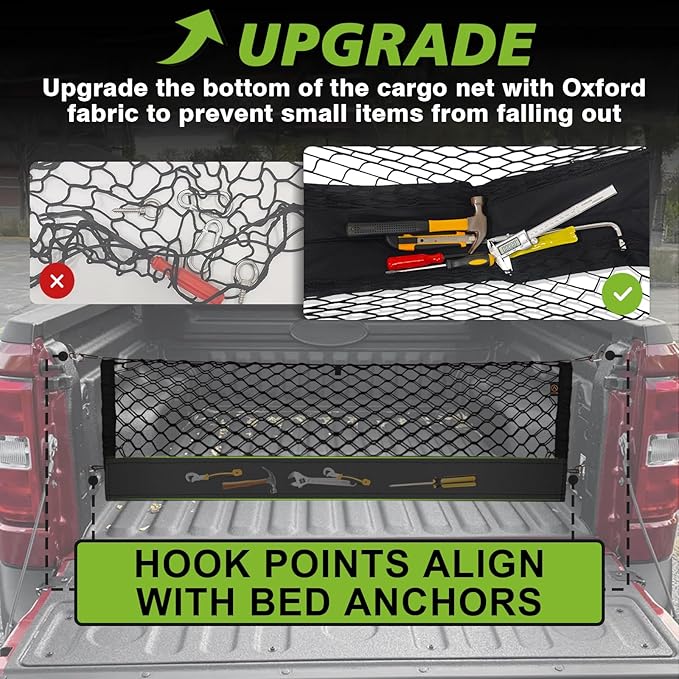 Muslogy Truck Bed Cargo Net Compatible with 2022-2024 2025 Ford Maverick Accessories Envelope Style Bed Net Trunk Organizer - Upgraded Support Stability Rope with Metal Carabiners Tight Fit, Won't Sag