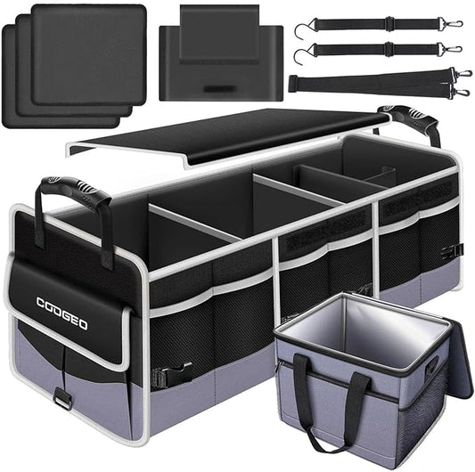 Car Trunk Organizer with Portable Leak Proof Cooler Bag, 3 Compartments Collapsible Car Organizers and Storage with Foldable Cover, Christmas Gifts, Suitable for SUV, Auto, Truck, Minivan