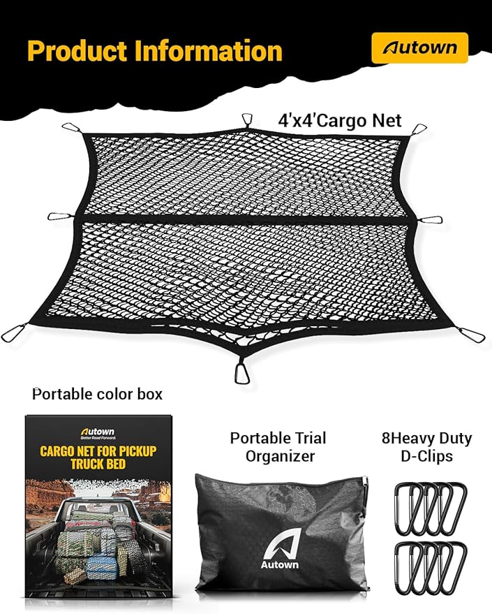 Cargo Net for Pickup Truck Bed - Stretchable 4'x4' to 7'x7', High Elastic Fine Mesh 1''x1'' with 8 Metal Carabiners - Ideal for ATV, SUV, UTV, Truck and Boat Use (Double Layer)