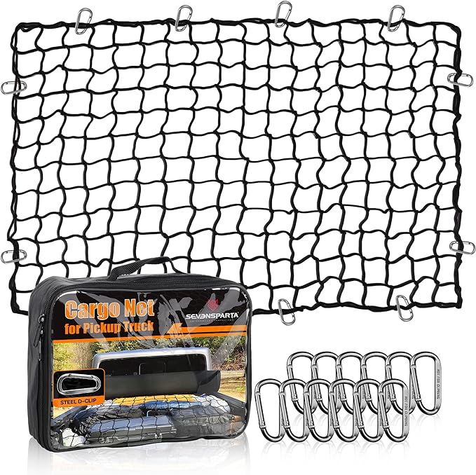 Seven Sparta 4' x 6' Large Cargo Net for Pickup Truck Bed Stretches to 8' x 12' for Truck Bed, Trailer, Trunk, SUV with 12 Bonus D Clip Carabiners Cargo Net for Large Loads (Black, 4'x6')