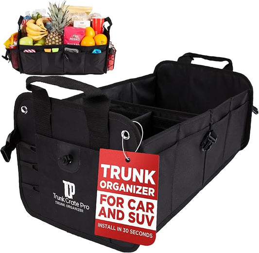 TRUNKCRATEPRO Car Organizers and Storage Premium Adjustable Multi Compartments Car Storage Organizer | Portable and Foldable SUV Trunk Organizer for Car (Standard Size, 20.86"L x 13.4"W x 10"H )-Black