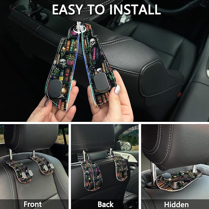 Blusabaca 2PCS Car Hooks Purses and Bags, Goth Gothic Bookshelf Skull Skeleton Seat Back Storage Headrest Holder Hanger PU Leather Double Metal Backseat Organizer, Women Car Accessories Organization