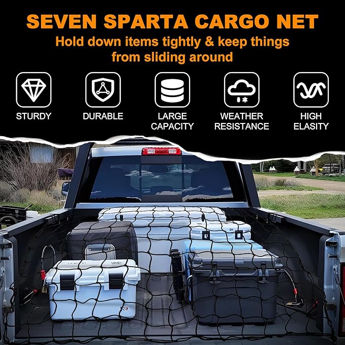 Seven Sparta 4’ x 4’ Large Cargo Net for Pickup Truck Bed Stretches to 7' x 7' for Truck Bed, Trailer, Trunk, SUV with 12 Bonus D Clip Carabiners Cargo Net for Large Loads (Black, 4'x4')