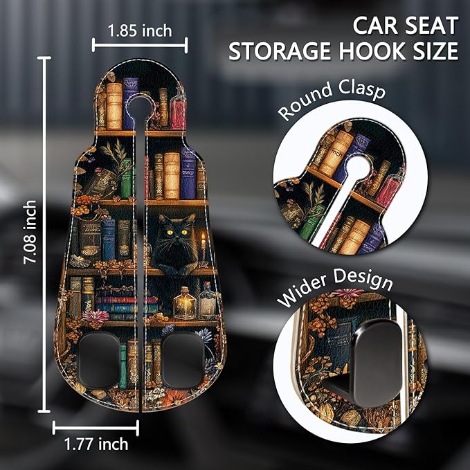 Blusabaca 2PCS Car Hooks for Purses and Bags, Goth Gothic Bookshelf Black Cat Seat Back Storage Headrest Holder Hanger PU Leather Double Metal Backseat Organizer, Women Car Accessories Organization