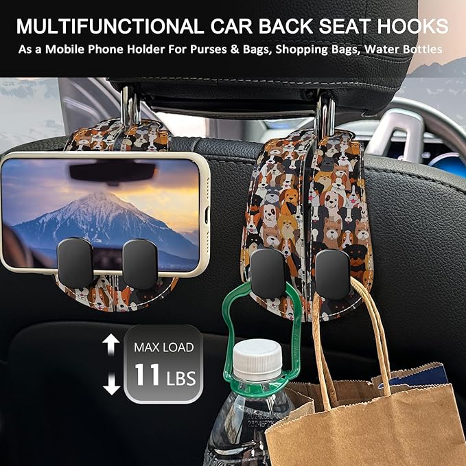 Blusabaca 2PCS Car Seat Back Storage Headrest Hooks, Cute Dogs Puppy Purse Holder Bags Hanger, PU Leather Double Metal Hook for Backseat Organizer, Women Car Accessories Organization