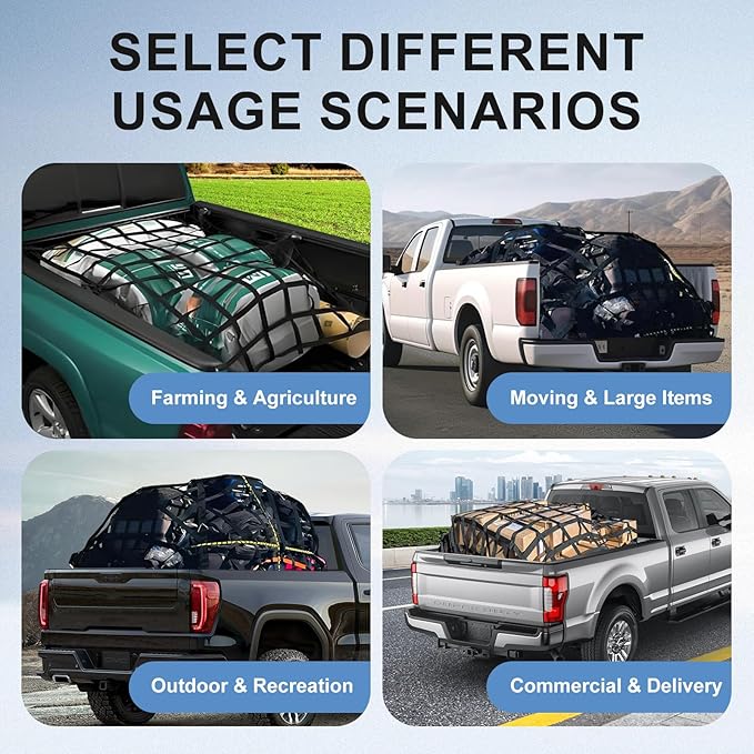 Cargo Net for Pickup Truck Bed, Heavy Duty 1100LBS Capacity, Adjustable Cam Buckles & S-Hooks, Thick Herringbone Nylon Mesh with Drawstring Storage Bag for Trailers and Trucks