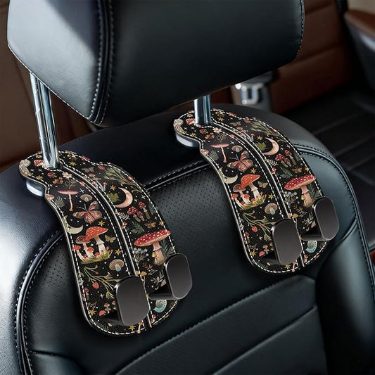 Blusabaca 2PCS Car Seat Back Storage Headrest Hooks, Mushroom Moon Purse Holder Bags Hanger, PU Leather Double Metal Hook for Backseat Organizer, Women Car Accessories Organization