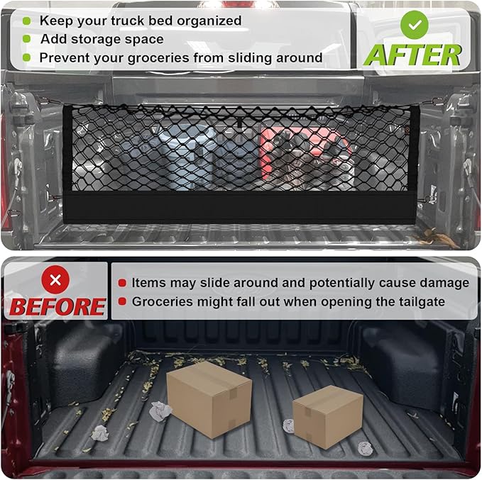 Muslogy Truck Bed Cargo Net Compatible with 2022-2024 2025 Ford Maverick Accessories Envelope Style Bed Net Trunk Organizer - Upgraded Support Stability Rope with Metal Carabiners Tight Fit, Won't Sag
