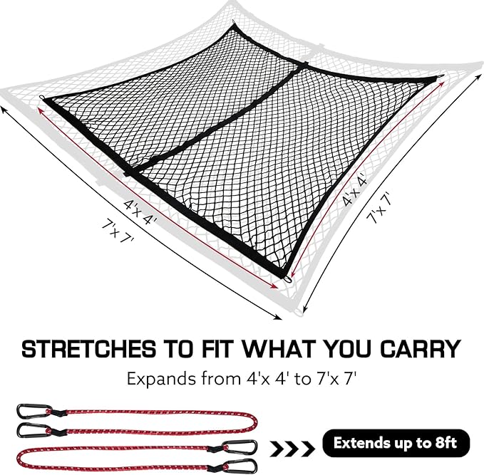 Cargo Net for Pickup Truck Bed, Stretchable 4'x4' to 7'x7' Fine Mesh Elastic Net Set with Heavy-Duty Iron Hooks & 2 Tie-Down Straps, Secure Truck Bed Cargo Netting for Pickup and Trailer Transport