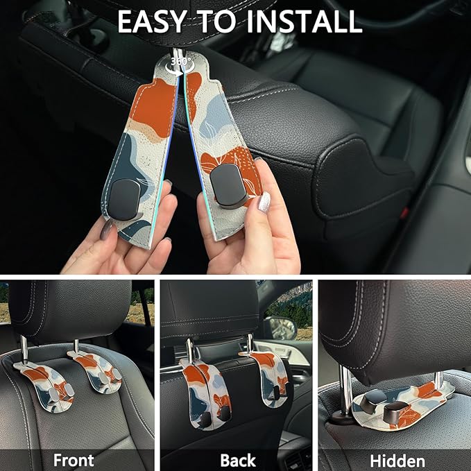 Blusabaca 2PCS Car Seat Back Storage Headrest Hooks, Abstract Leaves Purse Holder Bags Hanger, PU Leather Double Metal Hook for Backseat Organizer, Women Car Accessories Organization