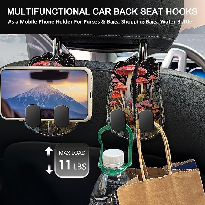 Blusabaca 2PCS Car Seat Back Storage Headrest Hooks, Mushroom Purse Holder Bags Hanger, PU Leather Double Metal Hook for Backseat Organizer, Women Car Accessories Organization