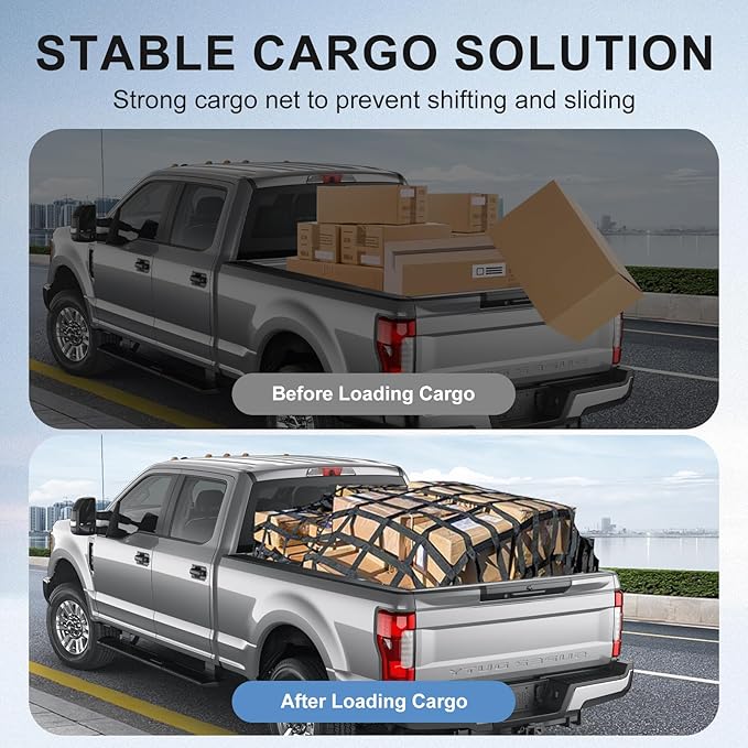 Cargo Net for Pickup Truck Bed, Heavy Duty 1100LBS Capacity, Adjustable Cam Buckles & S-Hooks, Thick Herringbone Nylon Mesh with Drawstring Storage Bag for Trailers and Trucks