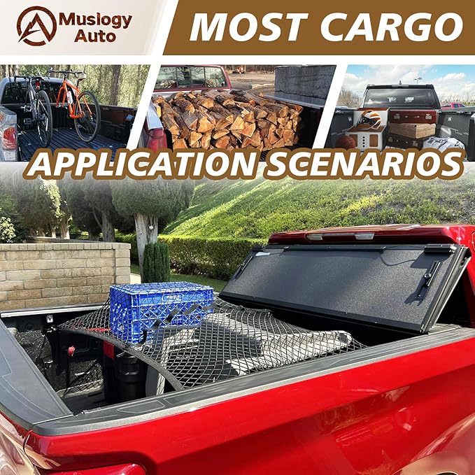 Muslogy Truck Bed Cargo Net Compatible with Pickup Truck Bed Organizer Stretchable 4'x4' to 7'x7' High Elastic Heavy Duty Upgraded Reinforced Storage Net with 10 Metal Carabiners (Single Layer)