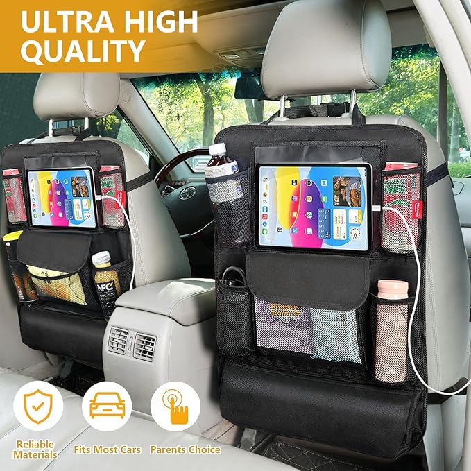 Car Seat Organizer with 13 in Tablet Holder, Waterproof Back Seat Protector, Kick Mats with 9 Storage Pockets, Interior and Travel Essentials, 2 Pack