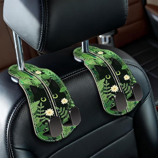 Blusabaca 2PCS Car Seat Back Storage Headrest Hooks, Black Cat Floral Purse Holder Bags Hanger, PU Leather Double Metal Hook for Backseat Organizer, Women Car Accessories Organization