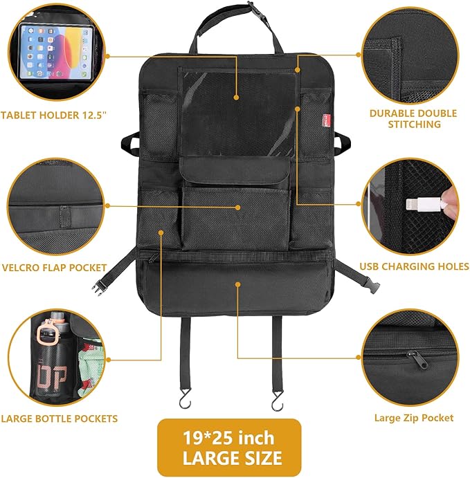 Car Seat Organizer with 13 in Tablet Holder, Waterproof Back Seat Protector, Kick Mats with 9 Storage Pockets, Interior and Travel Essentials, 2 Pack