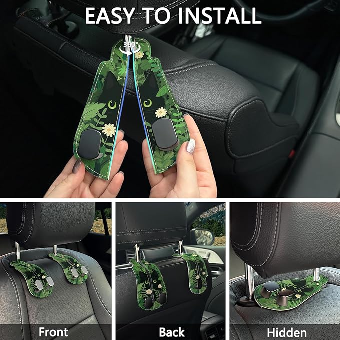 Blusabaca 2PCS Car Seat Back Storage Headrest Hooks, Black Cat Floral Purse Holder Bags Hanger, PU Leather Double Metal Hook for Backseat Organizer, Women Car Accessories Organization