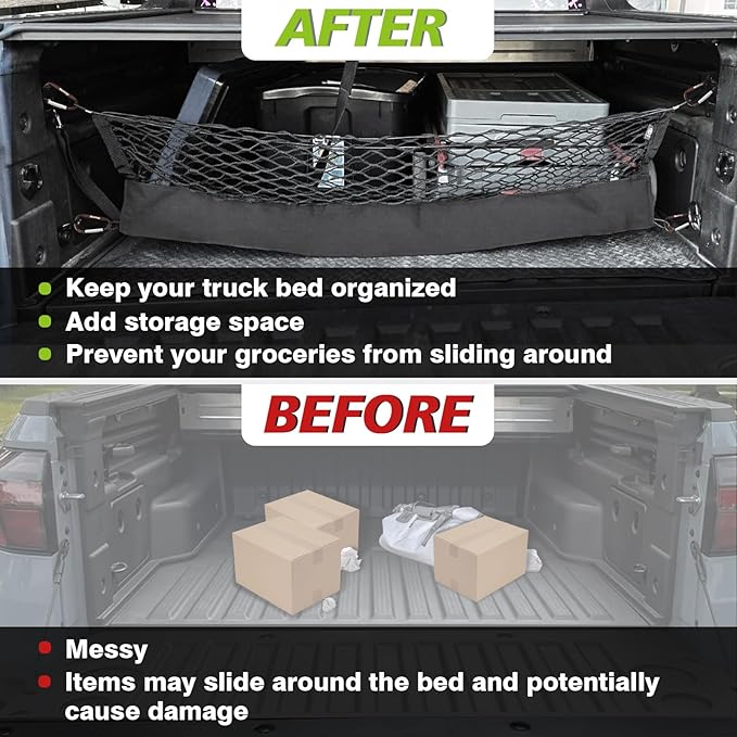 Muslogy Truck Bed Cargo Net Compatible with Hyundai Santa Cruz 2022-2025 Accessories Storage Organizer Pickup Truck Bed Envelope Style Cargo Net with Heavy Duty Carabiners