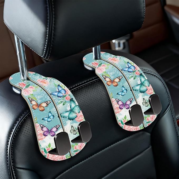 Blusabaca 2PCS Car Seat Back Storage Headrest Hooks, Butterfly Purse Holder Bags Hanger, PU Leather Double Metal Hook for Backseat Organizer, Women Car Accessories Organization