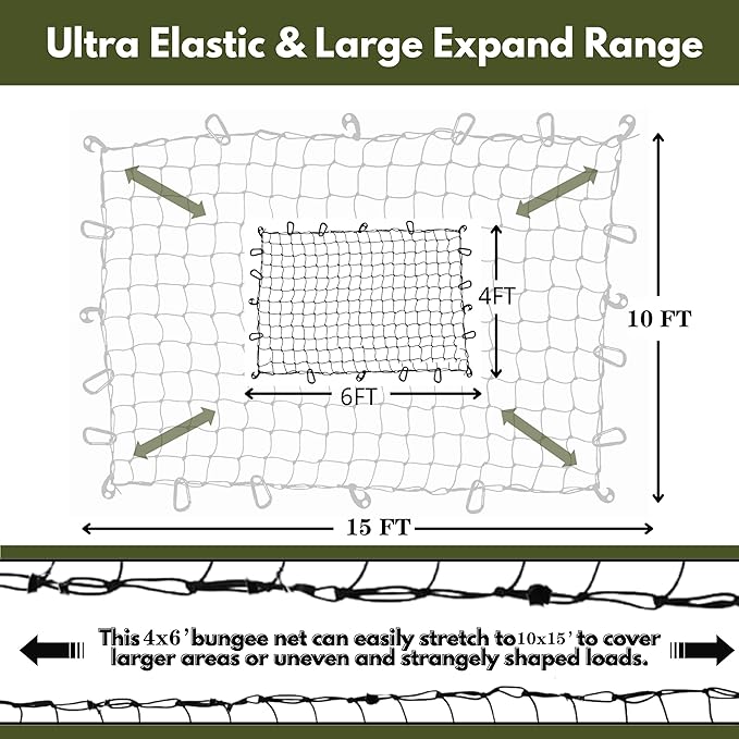 4'x6' Pickup Truck Bed Cargo Net, Heavy Duty Bungee Cargo Net Stretches to 10' x 15' Roof Rack Net with 4"x4" Mesh Grid and 12 Metal Carabiners