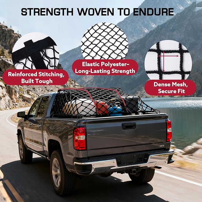 Cargo Net for Pickup Truck Bed, Stretchable 4'x4' to 7'x7' Fine Mesh Elastic Net Set with Heavy-Duty Iron Hooks & 2 Tie-Down Straps, Secure Truck Bed Cargo Netting for Pickup and Trailer Transport
