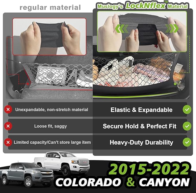 Muslogy Truck Bed Cargo Net Compatible with 2015-2022 Chevy Colorado & GMC Canyon Accessories Storage Organizer Pickup Truck Bed Envelope Style Net with Heavy Duty Carabiners & Tie Down Anchor Set