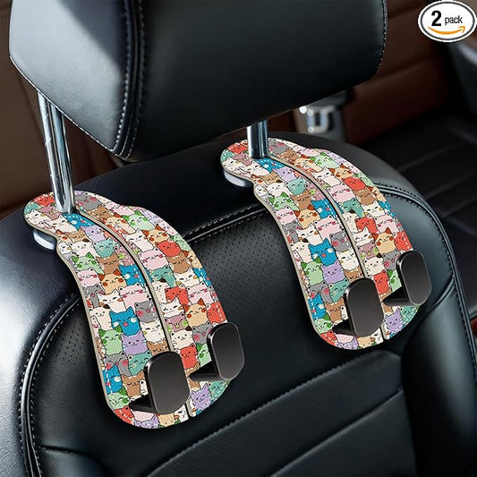 Blusabaca 2PCS Car Seat Back Storage Headrest Hooks, Cute Cats Purse Holder Bags Hanger, PU Leather Double Metal Hook for Backseat Organizer, Women Car Accessories Organization