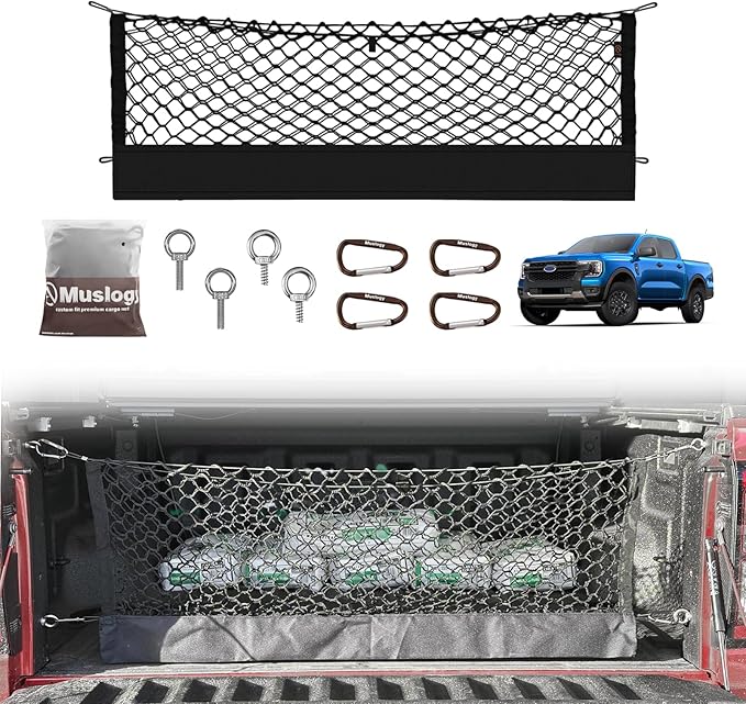 Muslogy Truck Bed Cargo Net Compatible with Ford Ranger 2024 2025 Accessories Storage Organizer Pickup Truck Bed Envelope Style Cargo Net with Heavy Duty Carabiners