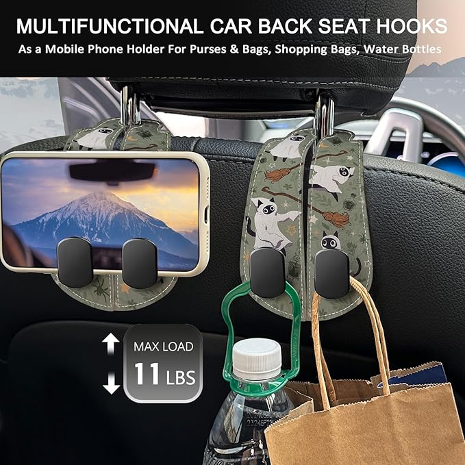 Blusabaca 2PCS Car Hooks for Purses Bags, Halloween Spooky Cute Cat Witch Magic Seat Back Storage Headrest Holder Hanger PU Leather Double Metal Backseat Organizer, Women Car Accessories Organization