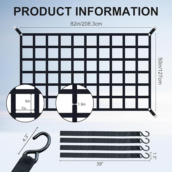 Cargo Net for Pickup Truck Bed, Heavy Duty 1100LBS Capacity, Adjustable Cam Buckles & S-Hooks, Thick Herringbone Nylon Mesh with Drawstring Storage Bag for Trailers and Trucks