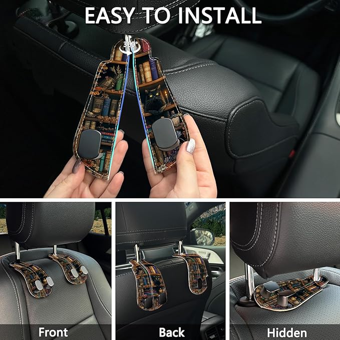 Blusabaca 2PCS Car Hooks for Purses and Bags, Goth Gothic Bookshelf Black Cat Seat Back Storage Headrest Holder Hanger PU Leather Double Metal Backseat Organizer, Women Car Accessories Organization