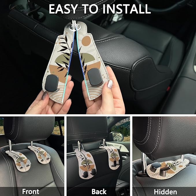 Blusabaca 2PCS Car Seat Back Storage Headrest Hooks, Abstract Boho Leaves Purse Holder Bags Hanger, PU Leather Double Metal Hook Backseat Organizer, Women Car Accessories Organization