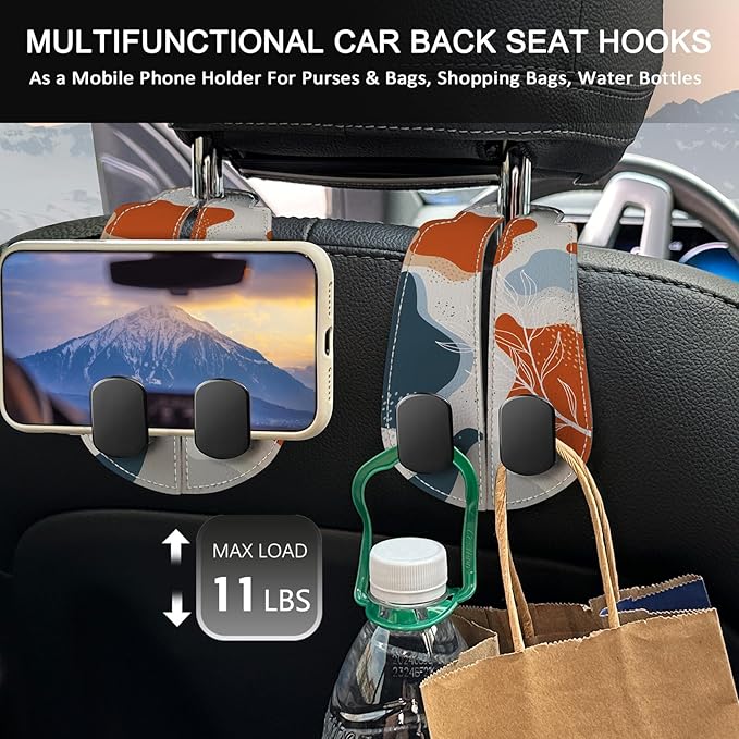 Blusabaca 2PCS Car Seat Back Storage Headrest Hooks, Abstract Leaves Purse Holder Bags Hanger, PU Leather Double Metal Hook for Backseat Organizer, Women Car Accessories Organization