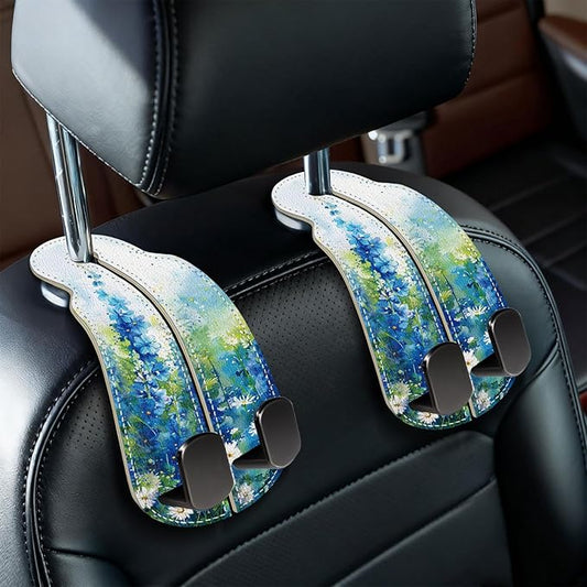 Blusabaca 2PCS Car Seat Back Storage Headrest Hooks, Floral Blue Purse Holder Bags Hanger, PU Leather Double Metal Hook for Backseat Organizer, Women Car Accessories Organization