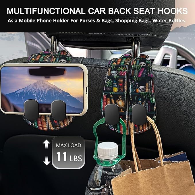 Blusabaca 2PCS Car Hooks Purses and Bags, Goth Gothic Bookshelf Skull Skeleton Seat Back Storage Headrest Holder Hanger PU Leather Double Metal Backseat Organizer, Women Car Accessories Organization